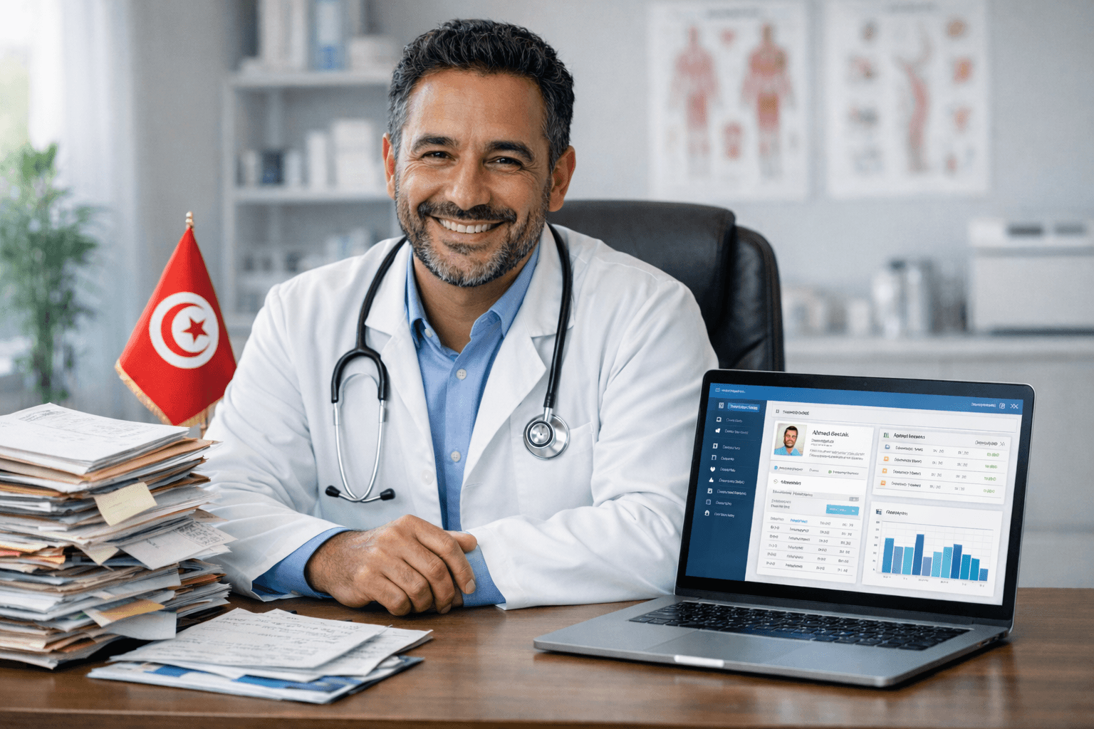 Médecin tunisien utilisant MedFlow sur son ordinateur